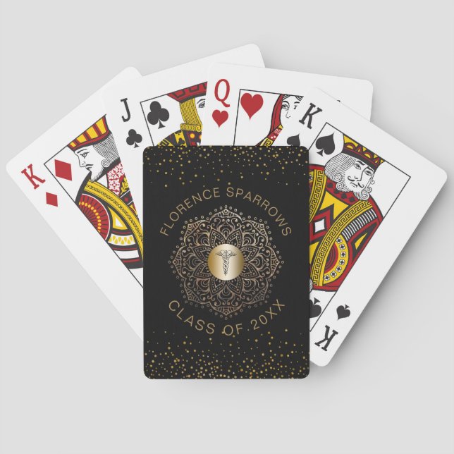 Nurse Graduation Caduceus Symbol Black Gold Custom Playing Cards (Back)