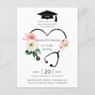Nurse Graduation Floral Stethoscope Invitation Postcard