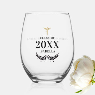 Nurse Graduation Gift Gold Caduceus Laurel Name Stemless Wine Glass