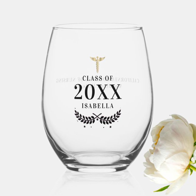 Nurse Graduation Gift Gold Caduceus Laurel Name Stemless Wine Glass (nurse graduation gift wine glass personalized custom laurel calligraphy caduceus school year name)