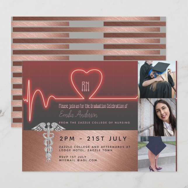 Nurse Graduation Invitation - PHOTO RN Rose Gold (Front/Back)