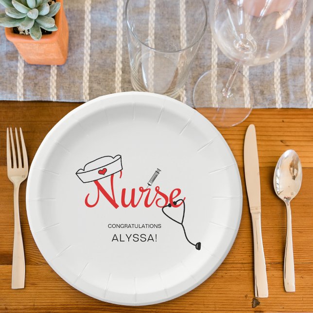Nurse Graduation Paper Party Plates, modern red Paper Plate (Creator Uploaded)