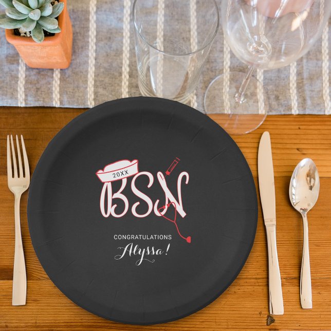 Nurse graduation party, BSN chalkboard red Paper Plate (Creator Uploaded)