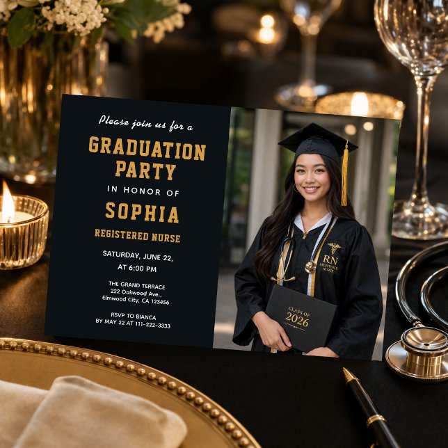 Nurse Graduation Party Photo Invite (Elegant black and gold nurse graduation party invitation featuring a modern photo layout)
