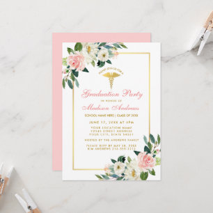 Nurse Graduation Party Pink Floral Gold Invite Pk