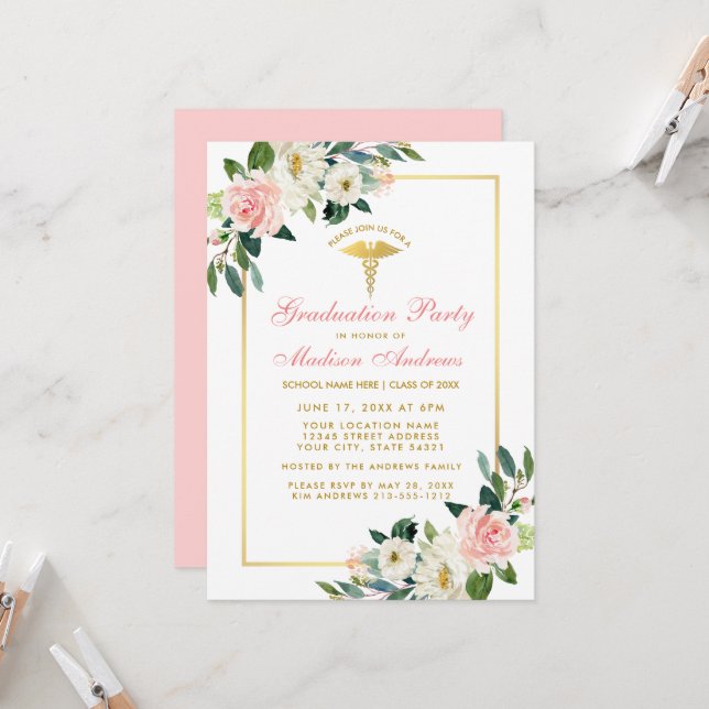 Nurse Graduation Party Pink Floral Gold Invite Pk (Front/Back In Situ)