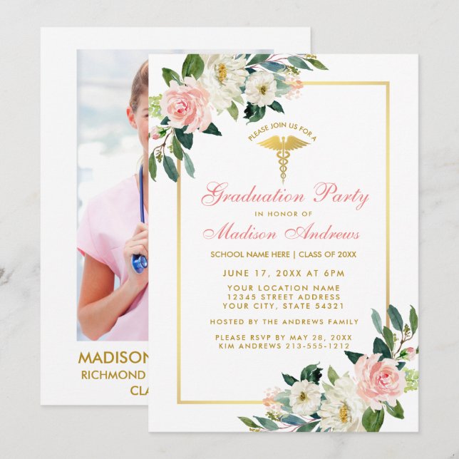 Nurse Graduation Party Pink Gold Photo Invite (Front/Back)