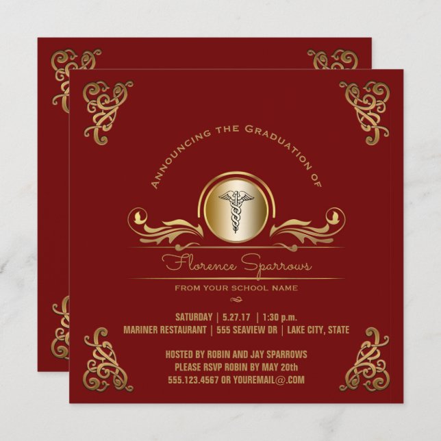 Nurse Graduation Party | Red Gold Pinning Ceremony Invitation (Front/Back)