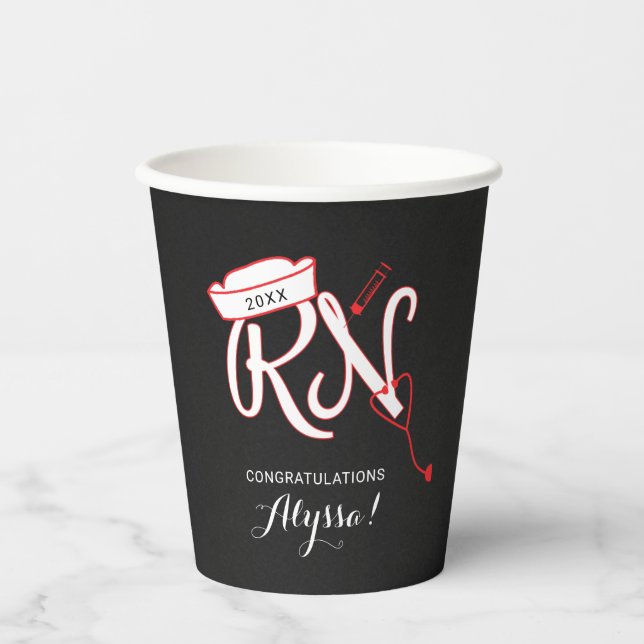 Nurse graduation party, RN chalkboard red  Paper Cups (Front)