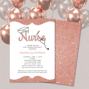 Nurse graduation party, rose gold glitter invites