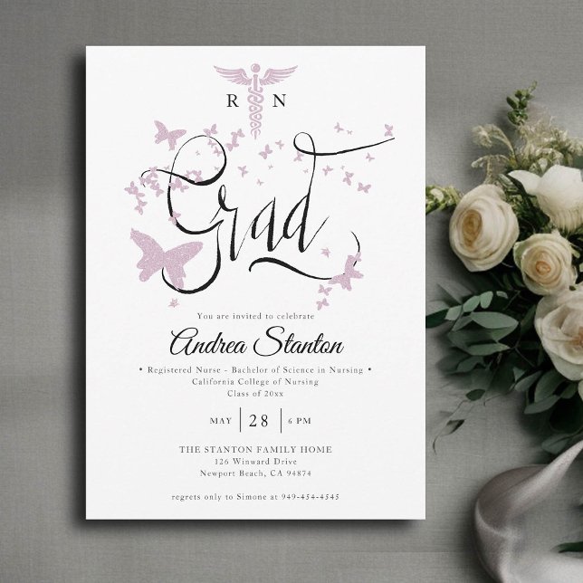Nurse Graduation Pink Butterflies Grad Calligraphy Invitation (nurse graduation party invitation pink butterflies caduceum grad calligraphy elegant classic modern)