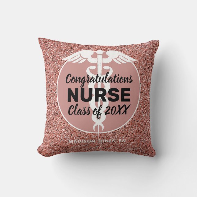 Nurse Graduation Rose Gold Glitter Personalised Cushion (Front)