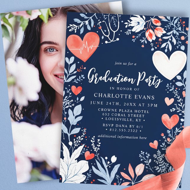 Nurse Graduation Stethoscope Hearts Photo Invitation (Creator Uploaded)