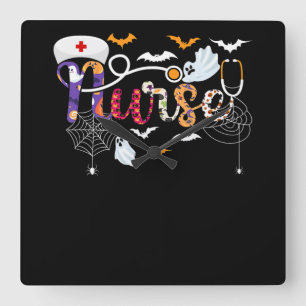 Nurse Halloween Costume Gift with Pumpkin Spider Square Wall Clock