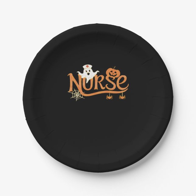 Nurse Halloween Cute Ghost and Pumpkin Essential T Paper Plate (Front)