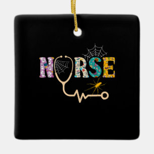 Nurse Halloween Gift With Pumpkin Boo Spider Ceramic Ornament