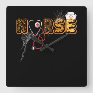 Nurse Halloween Gift With Pumpkin Boo Spider Square Wall Clock
