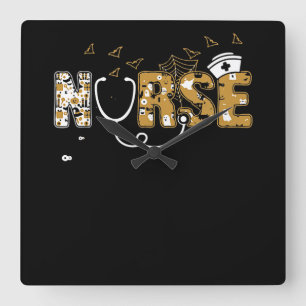 Nurse Halloween Gift With Pumpkin Boo Spider Witch Square Wall Clock