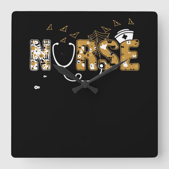 Nurse Halloween Gift With Pumpkin Boo Spider Witch Square Wall Clock (Front)