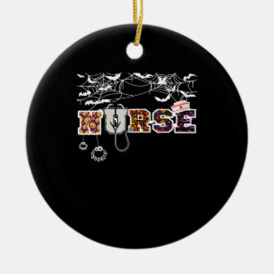 Nurse Halloween Shirt Gift With Pumpkin Boo Spider Ceramic Ornament