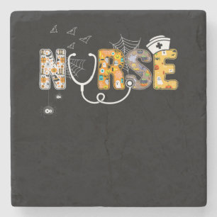 Nurse Halloween Shirt Gift With Pumpkin Boo Spider Stone Coaster