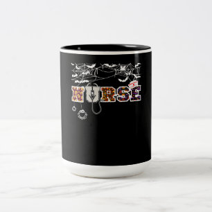Nurse Halloween Shirt Gift With Pumpkin Boo Spider Two-Tone Coffee Mug