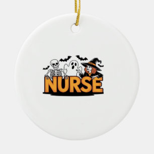 Nurse - Halloween - with ghost, witch, and skeleto Ceramic Ornament