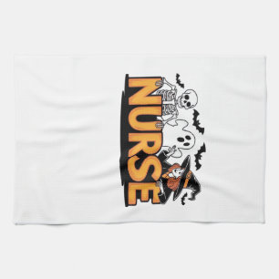 Nurse - Halloween - with ghost, witch, and skeleto Tea Towel