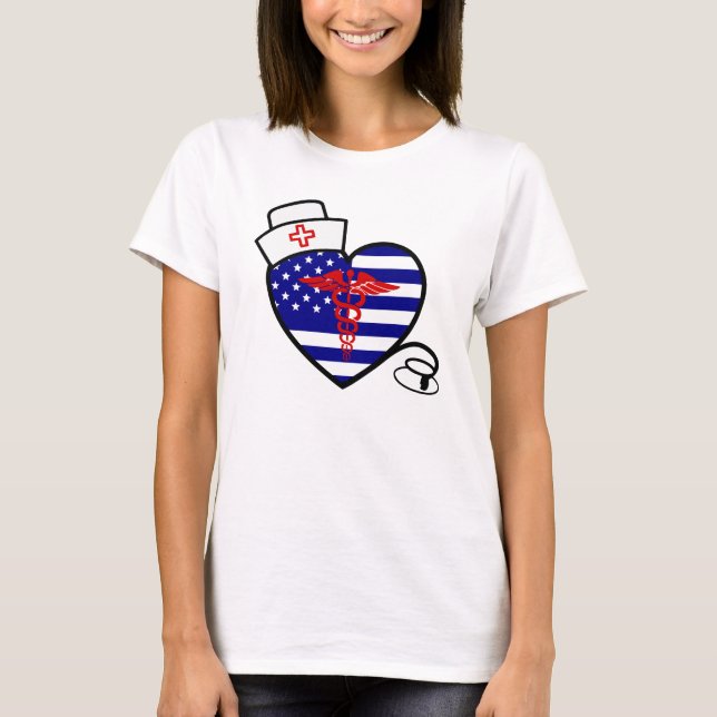 Nurse Heart Flag with Stethoscope and Hat T-Shirt (Front)