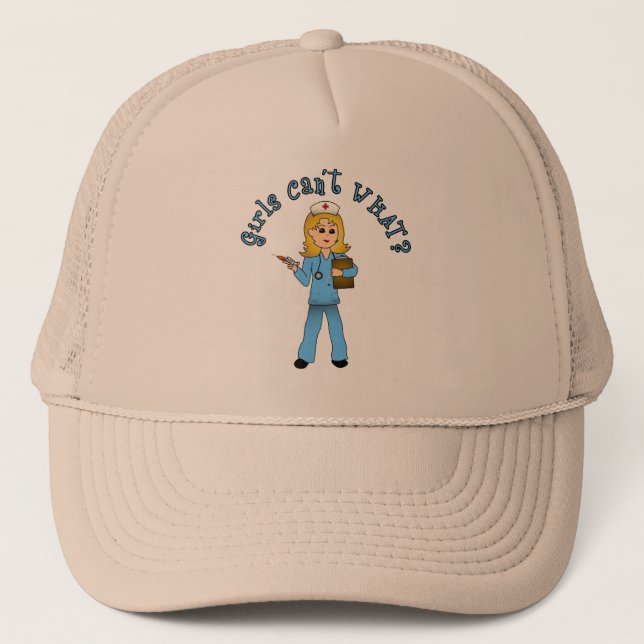 Nurse in Blue Scrubs (Blonde) Trucker Hat (Front)