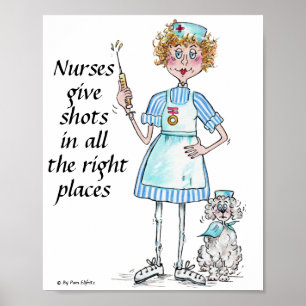 Nurse in blue stripped dress giving shots poster