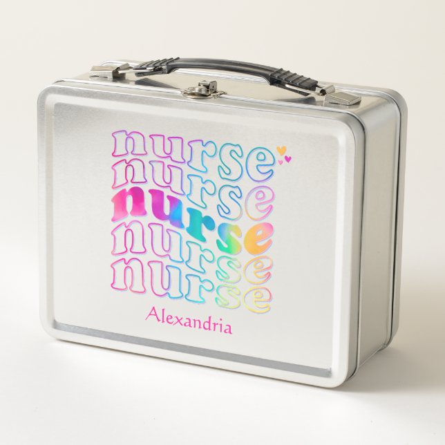 "Nurse" in Elegant Rainbow Colours Metal Lunch Box (Front)