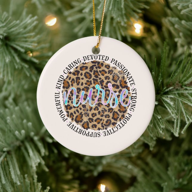"Nurse" & Inspiring Traits - Leopard Print Ceramic Ornament (Tree)