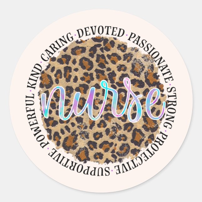 "Nurse" & Inspiring Traits - Leopard Print Classic Round Sticker (Front)