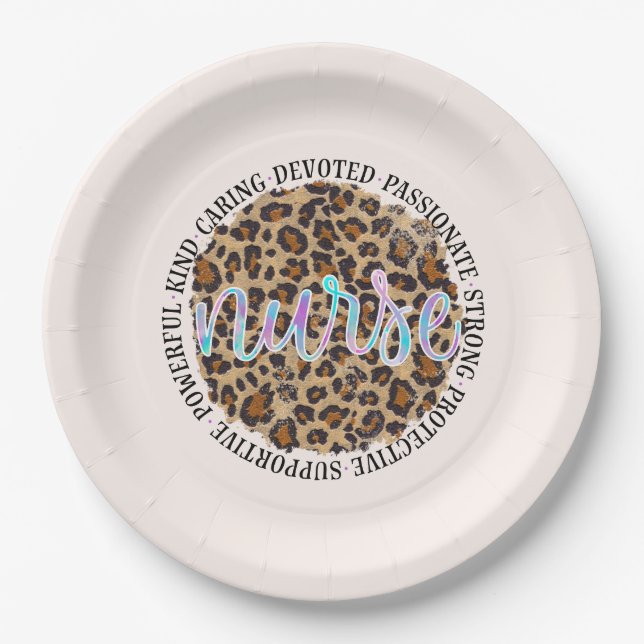 "Nurse" & Inspiring Traits - Leopard Print Paper Plate (Front)