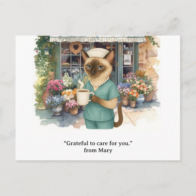 Nurse is drinking coffee in front of florist shop postcard (Front)