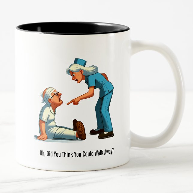Nurse Knocks Down a Stubborn Elderly Patient Two-Tone Coffee Mug (Creator Uploaded)
