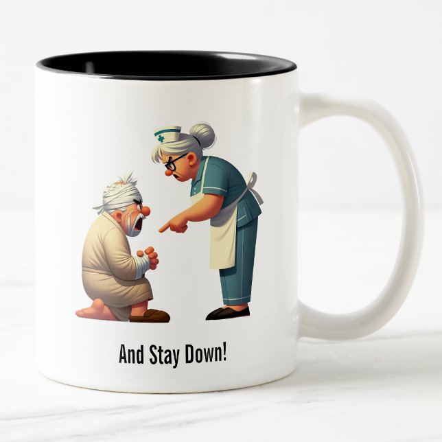 Nurse Knocks Down a Stubborn Elderly Patient Two-Tone Coffee Mug (Creator Uploaded)