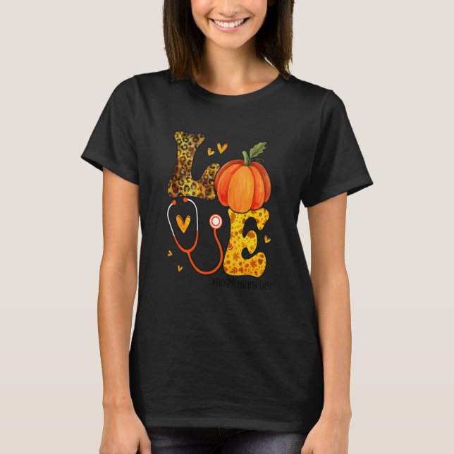 Nurse Leopard Pumpkin Thanksgiving Love Hospice Nu T-Shirt (Front)