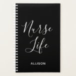 Nurse Life Black and White Stylish Personalised Planner<br><div class="desc">Keep up with your busy schedule in style with this Nurse Life Black and White Stylish Personalised Planner. It is a modern design with the text "nurse life" in big white trendy hand lettered script centred on the front of black customisable planner. Name is across lower front. Click personalise option...</div>