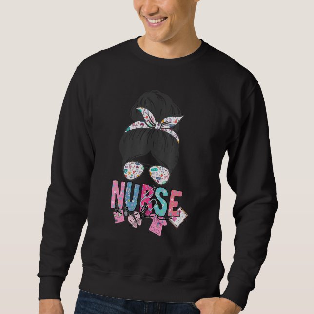 Nurse Life Healthcare Leopard Nurse Life Messy Bun Sweatshirt (Front)