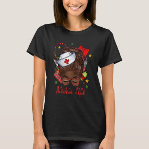 Nurse Life Messy Bun Afro Black Queen Red Plaid Nu T-Shirt