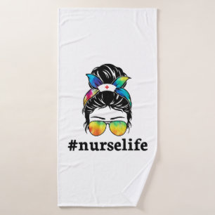 Nurse Life Messy Bun Girl with Glass Sublimation Bath Towel