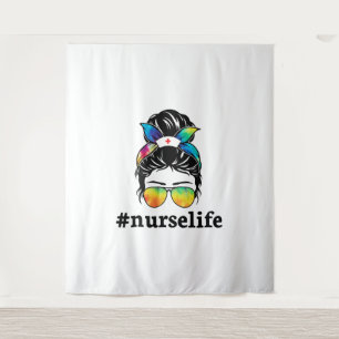 Nurse Life Messy Bun Girl with Glass Sublimation Tapestry