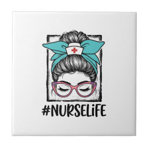 Nurse Life Messy Bun Rainbow Bow Vector Design_1 Ceramic Tile