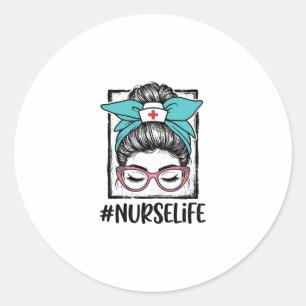 Nurse Life Messy Bun Rainbow Bow Vector Design_1 Classic Round Sticker