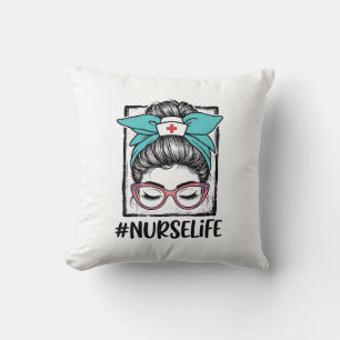 Nurse Life Messy Bun Rainbow Bow Vector Design_1 Cushion