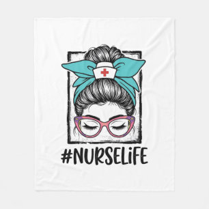 Nurse Life Messy Bun Rainbow Bow Vector Design_1 Fleece Blanket