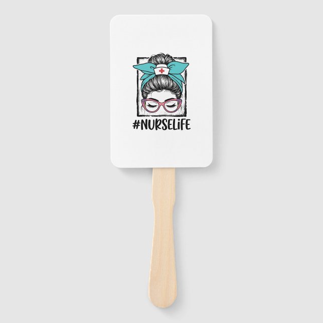 Nurse Life Messy Bun Rainbow Bow Vector Design_1 Hand Fan (Front)