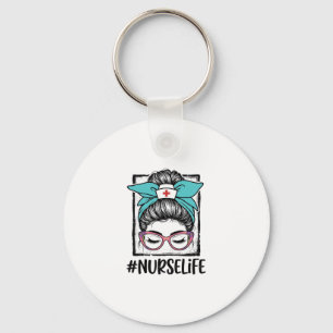 Nurse Life Messy Bun Rainbow Bow Vector Design_1 Key Ring